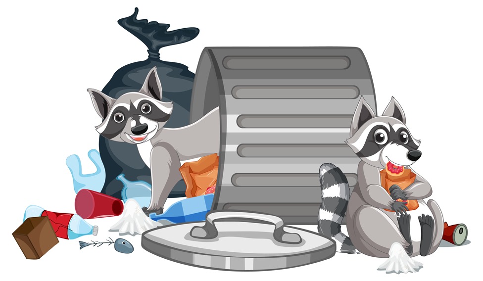 Two raccoon eating food from the trash illustration