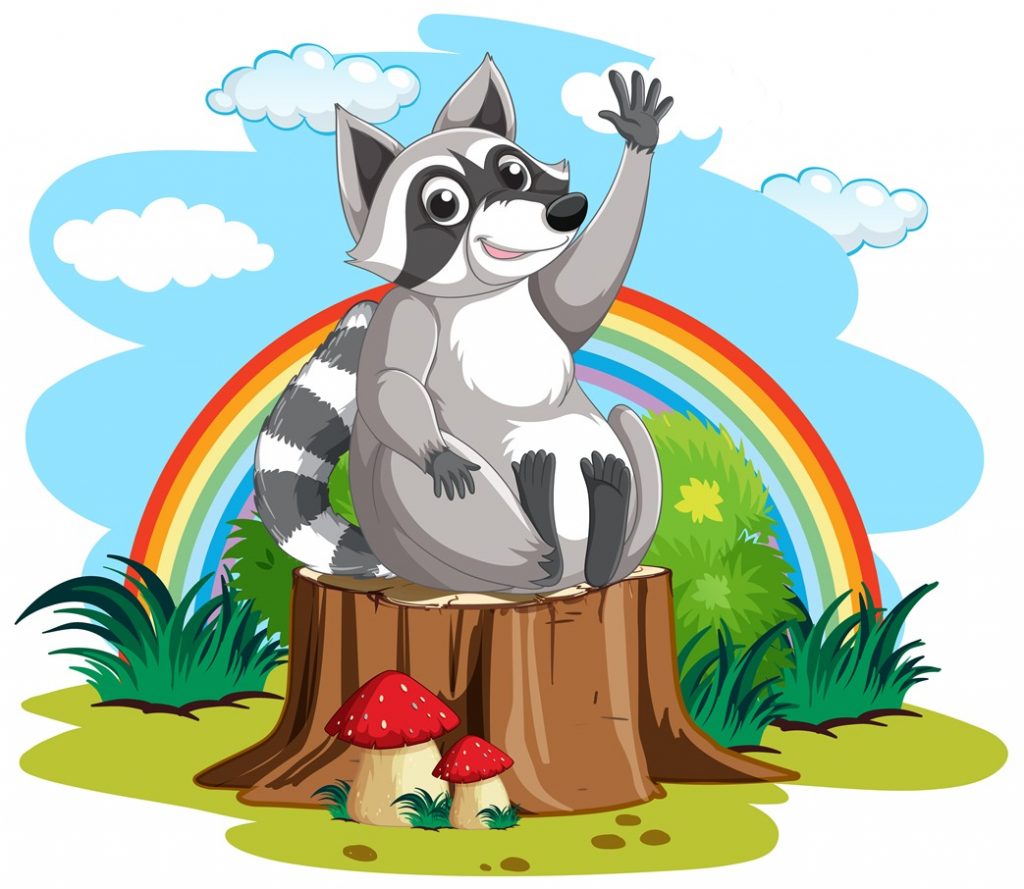 Cute raccoon waving hand in garden illustration
