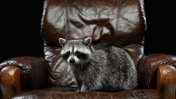 lose-up portrait of small white grey raccoon on black studio background in armchair.